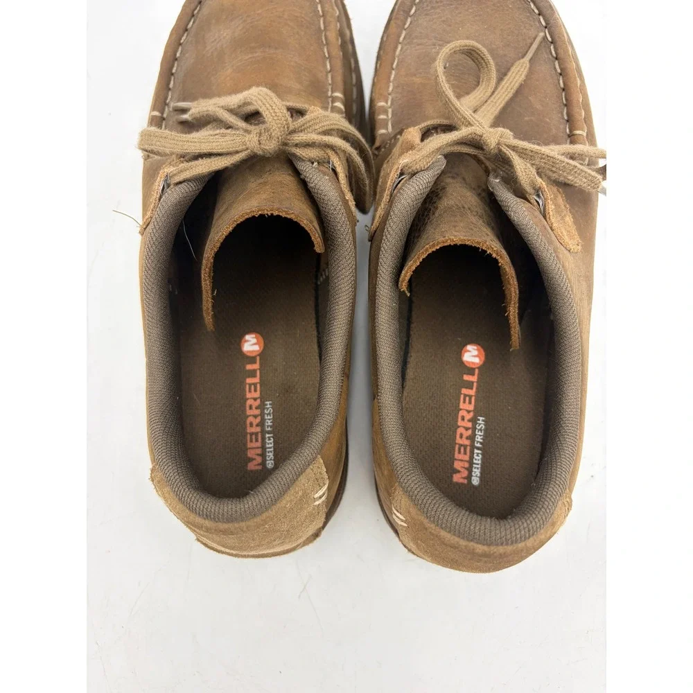 Merrell Bask Lace Shoes Moss Men 9‎ Moc Toe Brown Leather Comfort Lace Up J21981